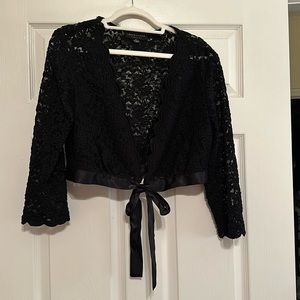Connected Apparel Black Stretch Lace Scalloped Shrug Floral Open tie front